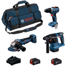 Bosch  GBH 18V-22 + GSR 18V-65 + GWS 18V-11 PS - Rotopercutor SDS-Plus, 1.9 J + Masina de gaurit si insurubat, 63 Nm + Polizor ung