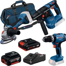 Bosch  GBH 18V-18 + GSB 18V-25 + GWS 18V-8 - Rotopercutor SDS-Plus, 1.5 J + Masina de gaurit si insurubat cu percutie, 60 Nm + Pol