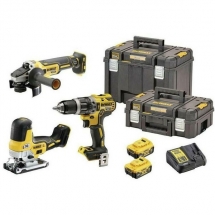 DeWalt - DCD796N + DCS335N + DCG405N - Masina de gaurit si insurubat cu percutie, 70 Nm + Fierastrau pendular + Polizor unghiular, 125 mm + Set 2 acumulatori si incarcator, Li-Ion, 18 V, 5 Ah + 2 x valiza speciala