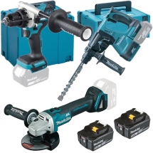 Makita  DHP492Z + DHR243Z + DGA506Z - Masina de gaurit si insurubat cu percutie, 130 Nm + Rotopercutor SDS-Plus, 2 J + Polizor ung
