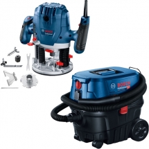 Pachet Bosch  GOF 130 + GAS 12-25 PL - Masina de frezat, 1300 W, 6, 8 mm, accesorii + Aspirator umed-uscat, 1250 W, 200 mbar, 25 l