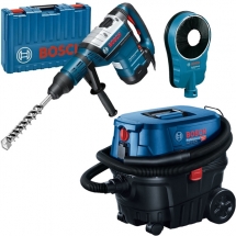 Pachet Bosch - GBH 8-45 DV + GDE 162 + GAS 12-25 PL - Rotopercutor SDS-Max, 1500 W, 12.5 J, valiza plastic + Adaptor aspirare scule electrice, 162 mm + Aspirator umed-uscat, 1250 W, 200 mbar, 25 l, priza scule electrice