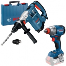 Pachet Bosch - Scule Constructii - Rotopercutor SDS-Plus, 900 W, 4.2 J, mandrina interschimbabila, valiza plastic + Masina de insurubat cu impact, 18 V, - Ah, patrat 1/2 inch si hexagon interior 1/4 inch, 285 Nm, M8-M18