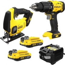 Stanley  SFMCD712B + SFMCS600B - Masina de gaurit si insurubat cu percutie, 55 Nm + Fierastrau pendular + Set 2 acumulatori si inc