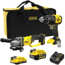 Stanley  SFMCD716B + SFMCG400B - Masina de gaurit si insurubat cu percutie, 65 Nm + Polizor unghiular, 125 mm + Set 2 acumulatori 