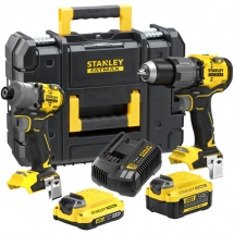 Stanley  SFMCK211MDT - Masina de gaurit si insurubat cu percutie + Masina de insurubat cu impact + Set 2 acumulatori si incarcator