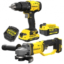Stanley  SFMCD712B + SFMCG400B - Masina de gaurit si insurubat cu percutie, 55 Nm + Polizor unghiular, 125 mm + Set 2 acumulatori 