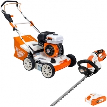 Ruris  RXH999 + 4024e - Scarificator cu motor pe benzina, 4 timpi, 5.3 CP, 40 cm + Masina de tuns gard viu cu 1 acumulator, Li-Ion